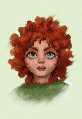 Watercolor illustration of a curly red-haired girl