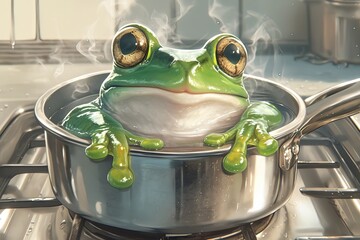A frog sitting in a pot of water on a stove, with steam rising from the pan