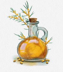 sea ​​buckthorn oil in a jug, watercolor art