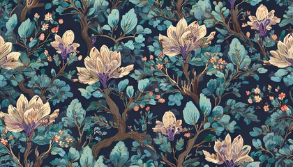 dark seamless pattern blooming fantastic trees chinoiserie style