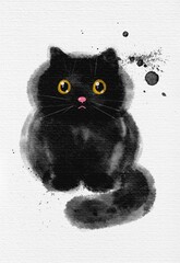 black watercolor cat, painted cat with yellow eyes