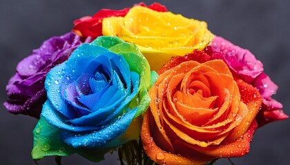 vibrant rainbow roses bouquet with water droplets on dark background