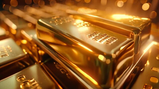 A close-up of gold bars on a shimmering rotating stand, representing wealth and luxury 
