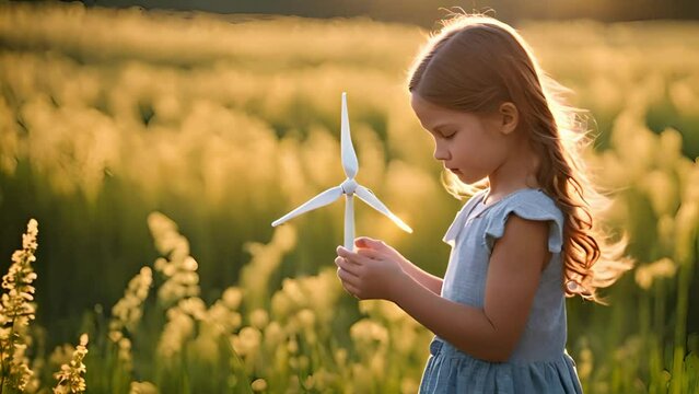 Little girl standing in nature with model of wind turbine. Concept of ecology future and renewable resources