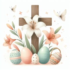 A cross is surrounded by a bunch of flowers and eggs