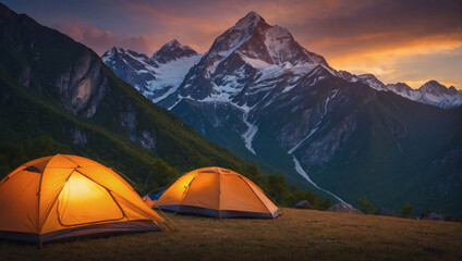 Mountain Sunset Camping, Tourist Tent Pitched Amidst Majestic Peaks.