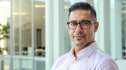 Fototapeta premium Hispanic man, 45 years old gentle brown hair, wearing glasses, formal slick hairstyle, smooth face in modern office building, wearing white shirt