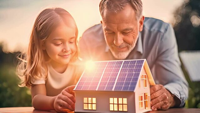 Little girl with her dad holding paper model of house with solar panels, explaining how it works