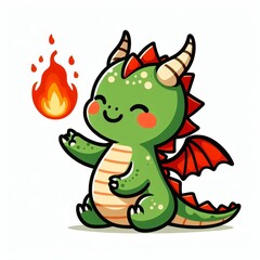 Fototapeta premium A cartoon dragon is sitting on the ground with a fire in its mouth