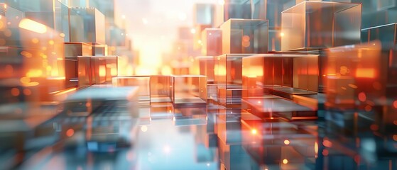 3D animated hologram of geometric building blocks stacking to create an intricate architectural model, highlighting engineering concepts