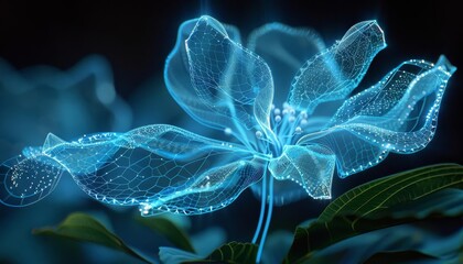 Detailed botanical hologram display of a sprouting bean, with annotations about the growth process and biological functions
