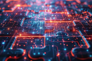 Futuristic hologram of a digital puzzle, pieces connect to form a livefeed map of internet traffic flows and data exchanges