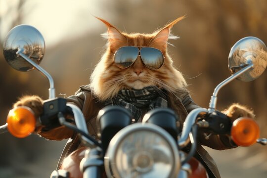 Majestic longhaired cat in sunglasses riding a badass motorcycle with a furry scarf blowing in the wind on a wild adventurefilled road trip, showcasing individuality and freedom