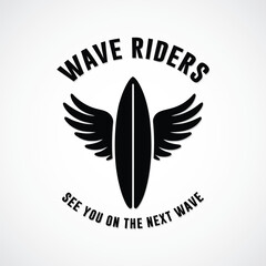 Wave Riders Surf Emblem - Vector File

Bold vector illustration featuring a surfboard flanked by wings, with the inspiring phrase "Wave Riders - See you on the next wave". Ideal for surf apparel, stic
