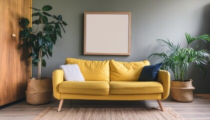 mock up poster with yellow sofa plant and wooden frame