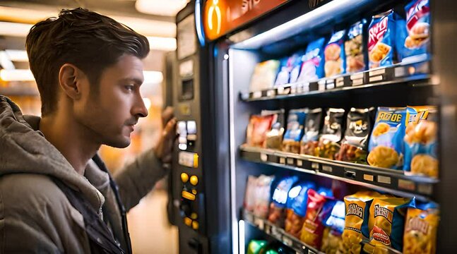 Man Interacting with a Vending Machine. Quick Purchase