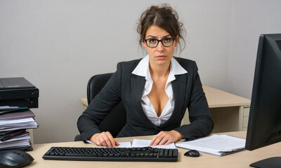 Young Professional Woman in Business Attire Feeling Overwhelmed Amidst Chaos of Work Tasks in Disorganized Workspace