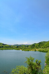 Fototapeta premium 白川湖 青空と残雪と新緑の水没林 