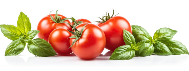 Fresh Red Tomatoes Green Basil Leaves White Background, Bright Colorful Vegetables Herbs, Healthy Food Ingredients Cooking Salad, Ripe Juicy Tomato Plant Aroma Flavor