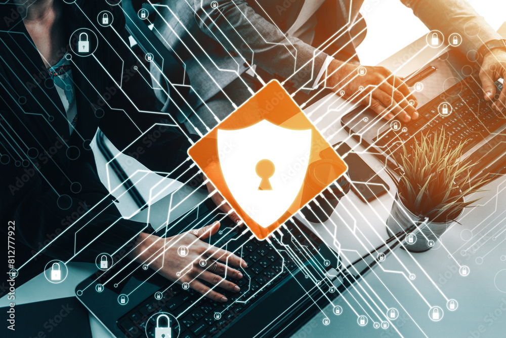 Poster cyber security and digital data protection concept. icon interface showing secure firewall technolog