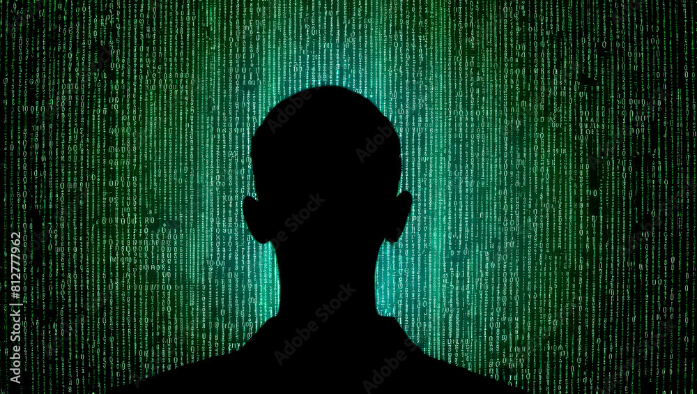 Poster human figure stands before matrix of glowing green numbers. hacking encryption artificial intelligen