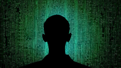 human figure stands before matrix of glowing green numbers. hacking encryption artificial intelligence green matrix profile human figure. technology internet data security online anonymity coding