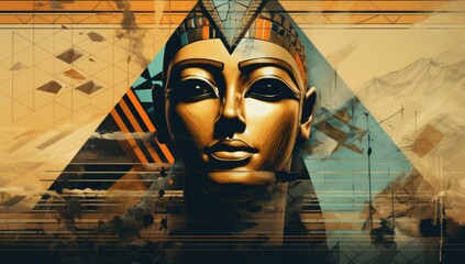 A woman with a headdress stands in front of the pyramids of Egypt