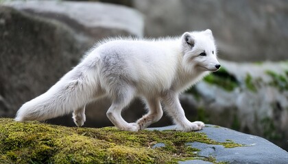 cute arctic fox walking on a mossy rock