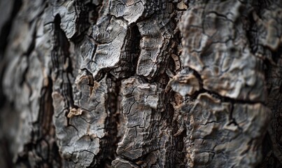 a close-up view of tree bark with an intriguing texture. The rough, grayish-brown bark has deep crevices and ridges, giving it an almost abstract, organic pattern
