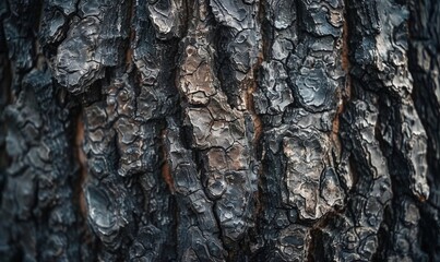 a close-up view of tree bark with an intriguing texture. The rough, grayish-brown bark has deep crevices and ridges, giving it an almost abstract, organic pattern