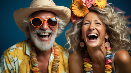 A senior man and woman radiates happiness, sharing a moment of genuine laughter. Joyful Senior Couple in Vibrant Summer Attire Laughing Together