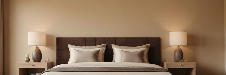 Minimalist interior design of modern bedroom with beige stucco wall.