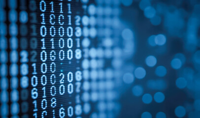 display of binary numbers on monitor. visualizing complex computations or algorithms in action. Blue digital binary data on computer screen with bokeh.