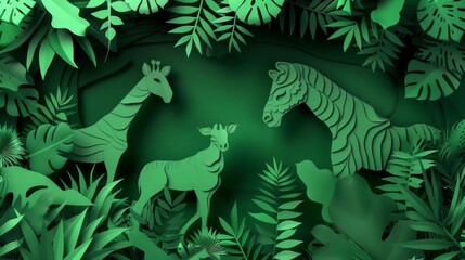 paper-cut-style background Jungle safari animals , texture and shadow, fashion photography, space for text, 8k.