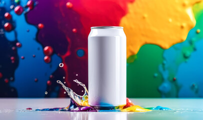 Blank white aluminum soda can mockup on colorful background. Tin package of beer or drink in splash of liquid . Can of soda on multicolored background