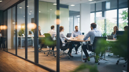 office scene captured with soft focus, highlighting hustle of modern workspace. blurred effect underscores energetic vibe where brainstorming and collaboration take place