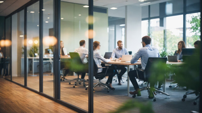 office scene captured with soft focus, highlighting hustle of modern workspace. blurred effect underscores energetic vibe where brainstorming and collaboration take place