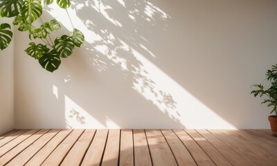 presentation products or objects background. bright room, sunlight casting shadows on wooden floor and white wall. Green leaves from an indoor plant add touch of nature