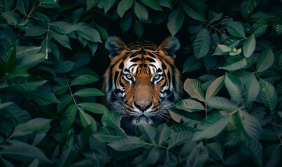  fierce-looking tiger's face peering out from a background of lush green foliage. The tiger's eyes are piercing and intense, and its striped fur is beautifully detailed