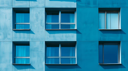 Obraz premium Modern European building. White building with many windows against the blue sky. Abstract architecture, fragment of modern urban geometry. Blue and brown,Financial district, business skyscraper