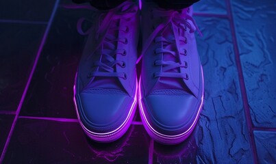 pair of shoes or sneakers with glowing purple lights underneath. The shoes are partially obscured by shadows, creating an intriguing and somewhat mysterious atmosphere. The lighting effect on the sho