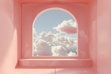 Featuring a the window of a pink booth with clouds on it, high quality, high resolution