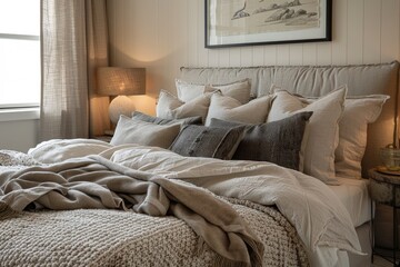 beautiful delicate bedroom interior in light colors with a large bed and large windows