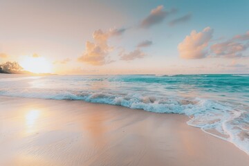 Idyllic coastal scene: A stunning beach with a peaceful ocean and a mesmerizing sunset. Relaxation concept