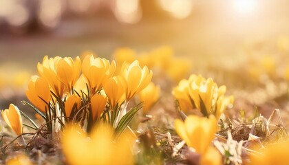 spring flowers beautiful colorful first flowers on meadow with sun crocus romance yellow crocus...