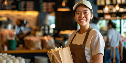 Close-up Smiling Happy young woman working at movie or cinema theater cafeteria, holding box of fluffy popcorn in paper box.
