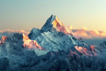 Snow-capped mountain basking in the glow of a breathtaking sunset. Scenic landscape concept