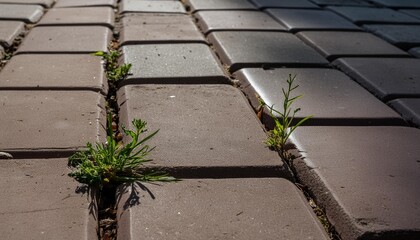 old paving slabs with weeds in the joints