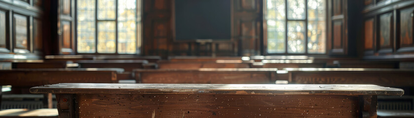 Vintage interior of an old empty classroom with wooden desks and chairs