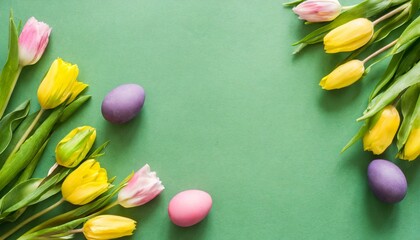 green easter background with springtime flowers and easter eggs top view frame